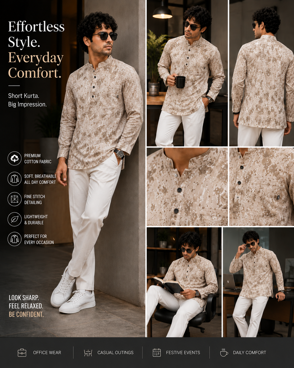 Printed Short Kurta for Men | Mandarin Collar Casual Kurta