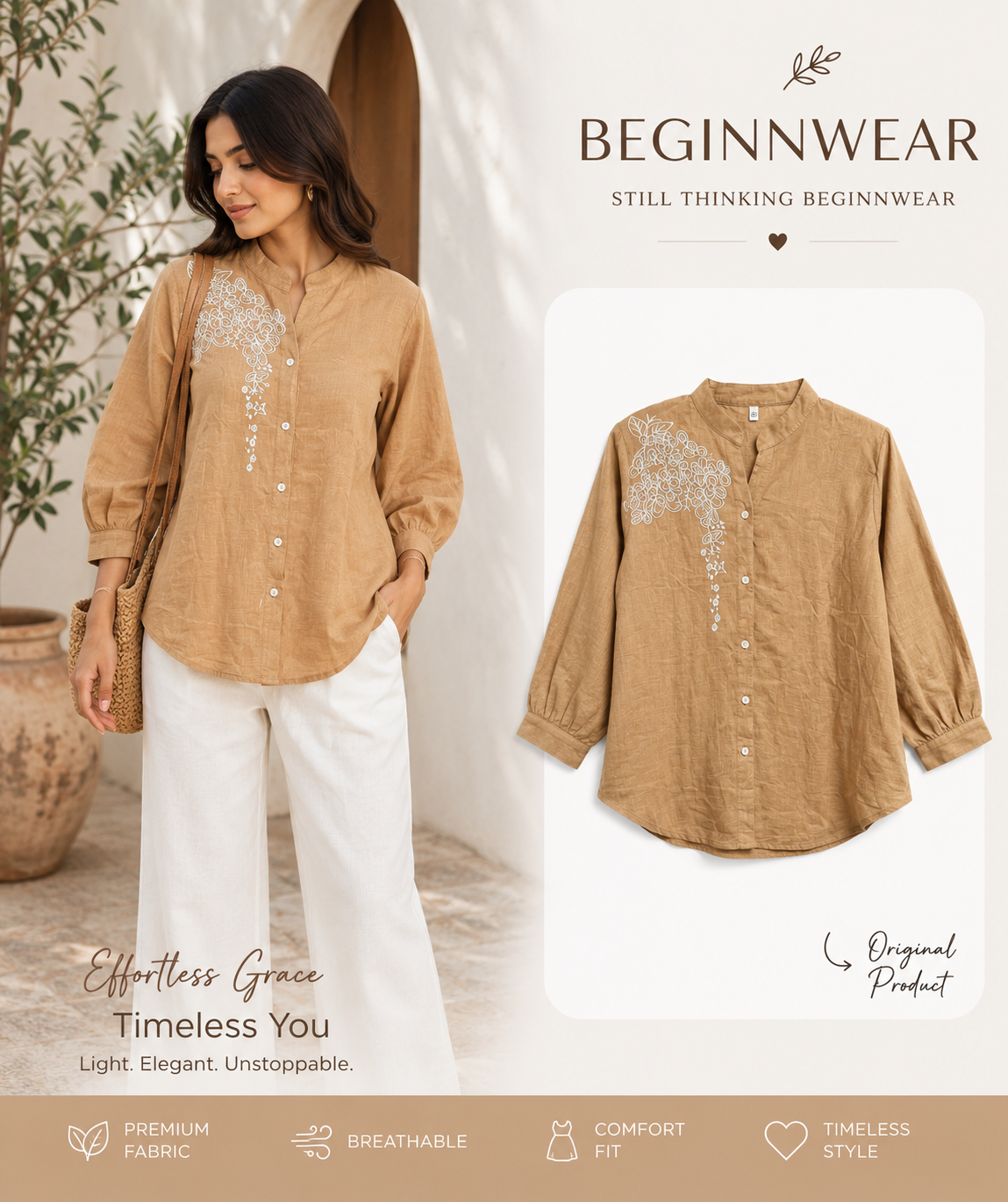 Camel Embroidered Mandarin Collar Linen Top