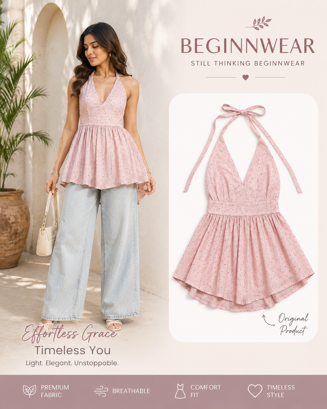 Blush Pink Dotted Halter Peplum Top