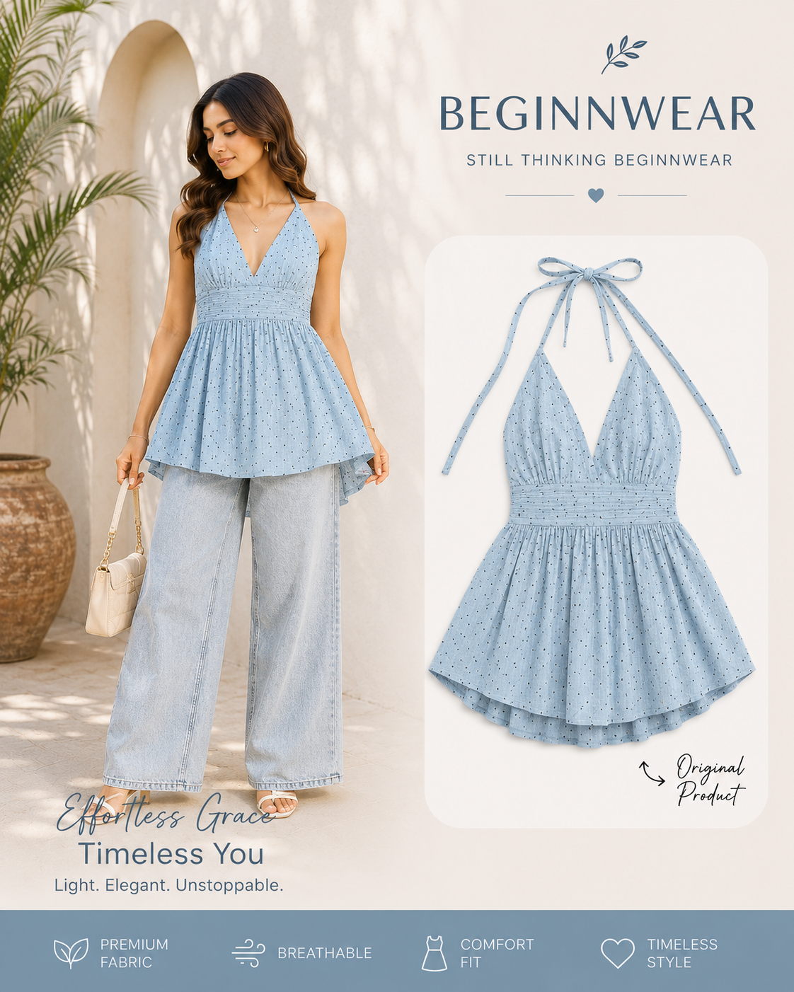 Chambray Blue Dotted Halter Peplum Top