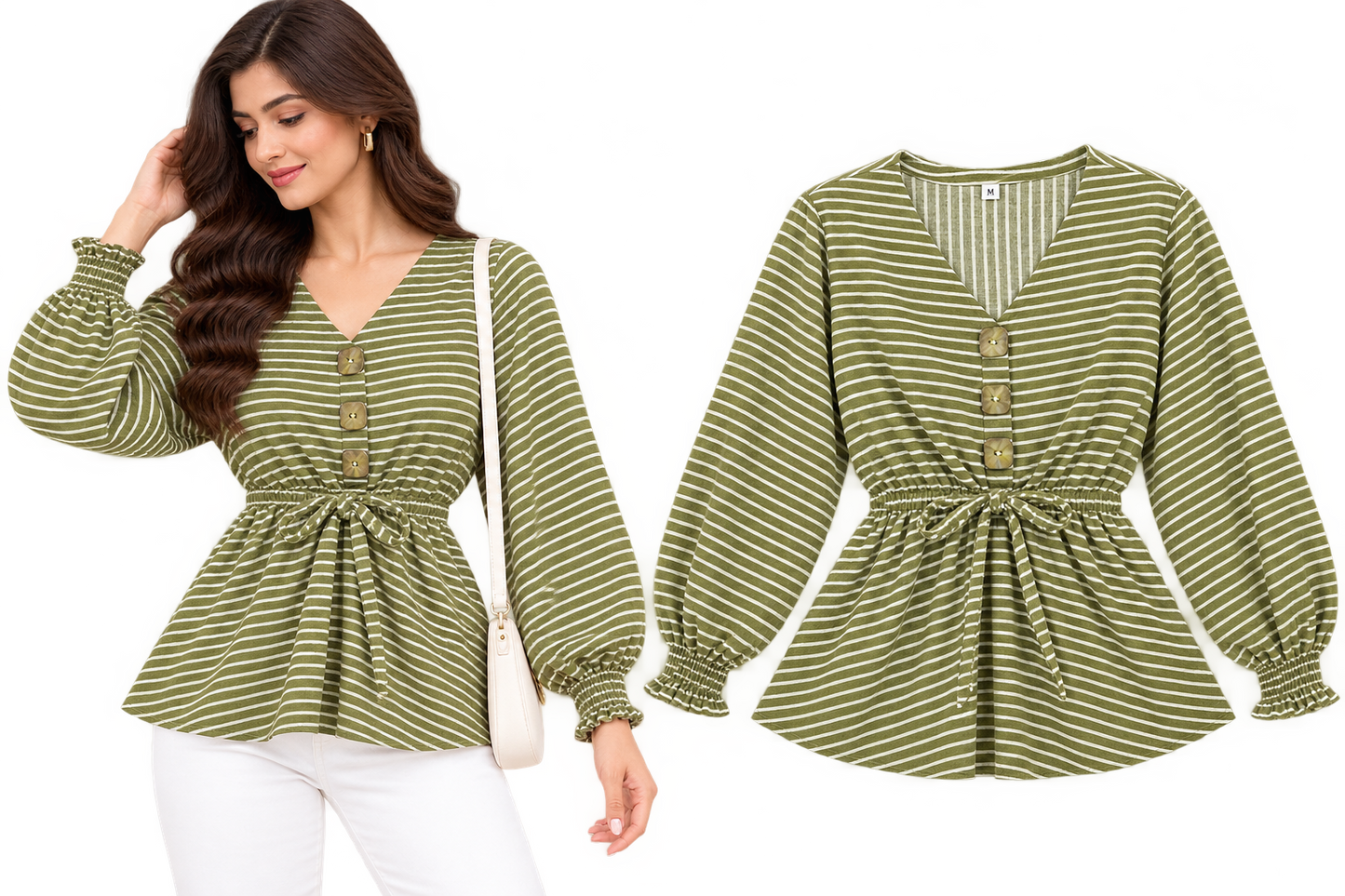 Olive Green Striped Tie-Waist Top
