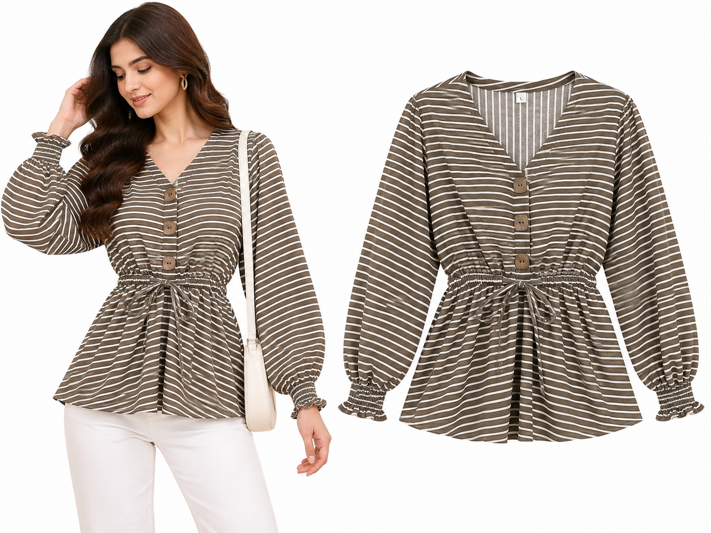 Brown Striped Tie-Waist Top