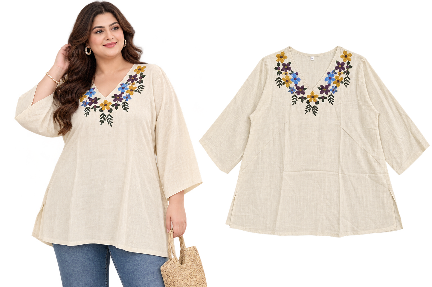 Beige Floral Embroidered Plus Size Top