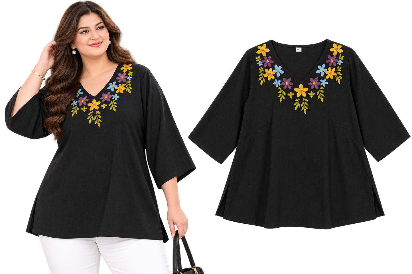 Black Floral Embroidered Plus Size Top