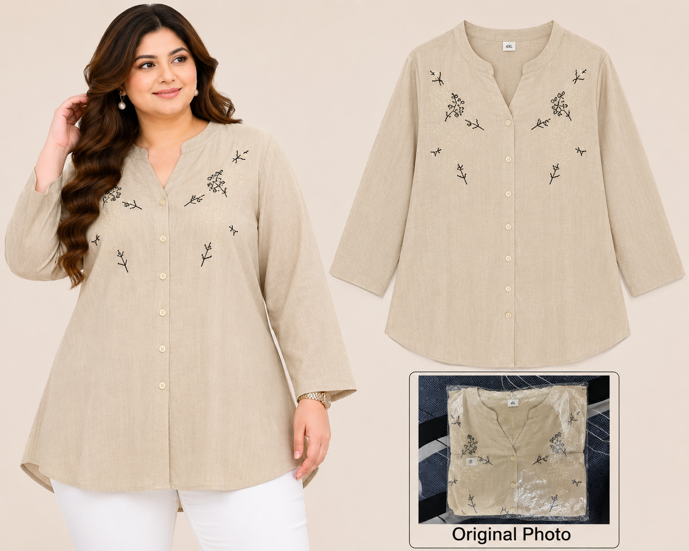 Beige Dandelion Embroidered Plus Size Top
