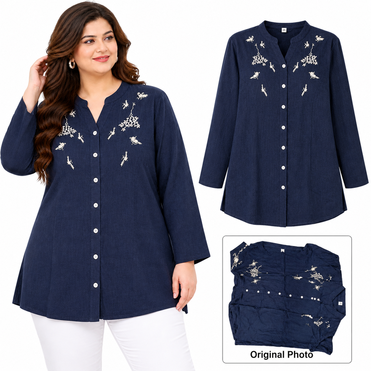 Navy Blue Bird Embroidered Plus Size Top