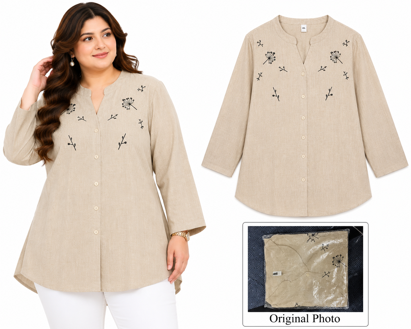 Sand Beige Dandelion Embroidered Plus Size Top
