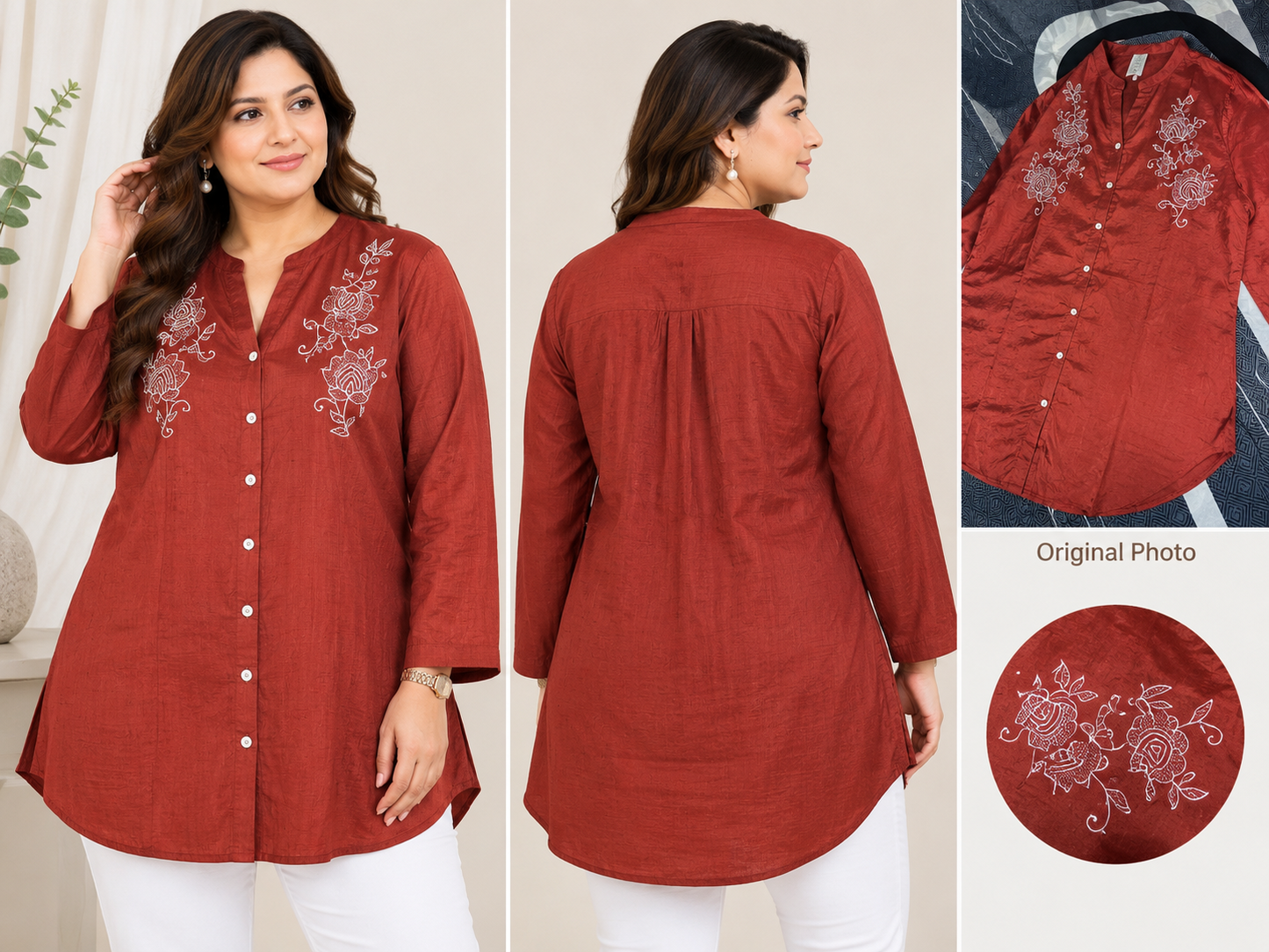 Rust Red Rose Embroidered Plus Size Top