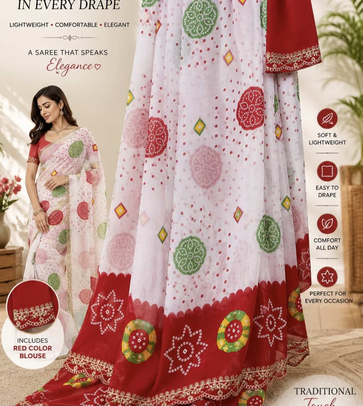 In Every Drape Bandhej Print Saree with Red Embroidered Border (Includes Red Blouse)