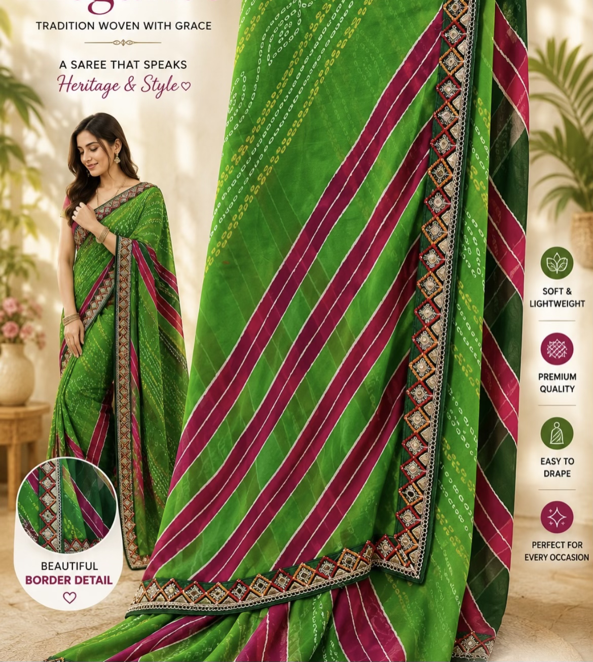 Tradition Woven with Grace Green Leheriya Bandhej Saree with Embellished Border