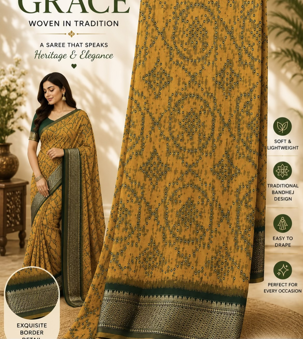 Grace Woven in Tradition Mustard Yellow Bandhej Saree with Green Border