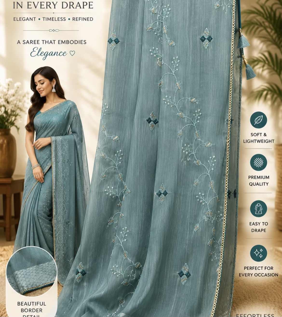 In Every Drape Teal Embroidered Saree with Tassel Pallu