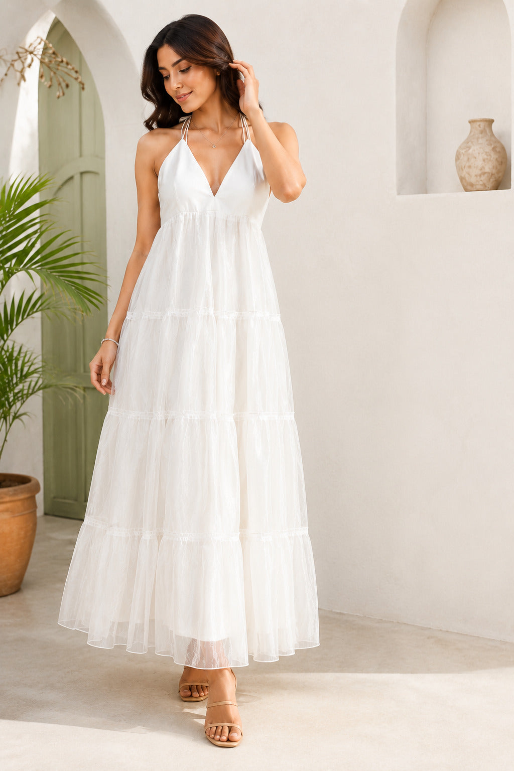 Ivory Tiered Organza Maxi Dress