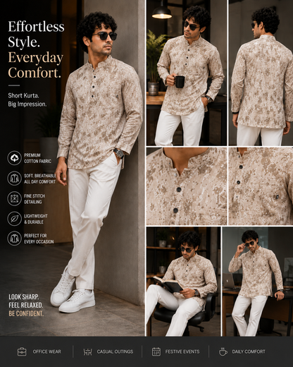 Printed Short Kurta for Men | Mandarin Collar Casual Kurta