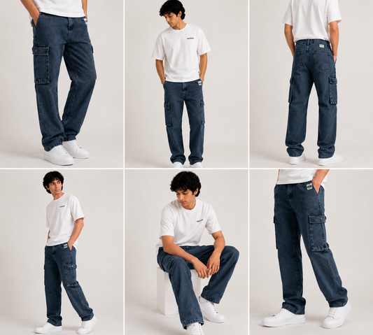 Men's Premium Blue Cargo Jeans | Straight Fit Utility Denim