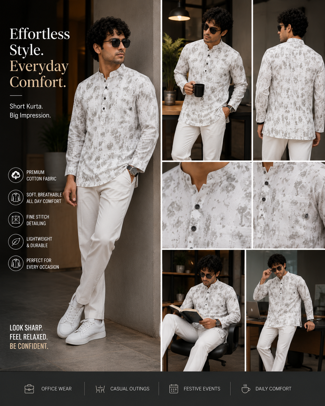 Printed Short Kurta for Men | Mandarin Collar Casual Kurta
