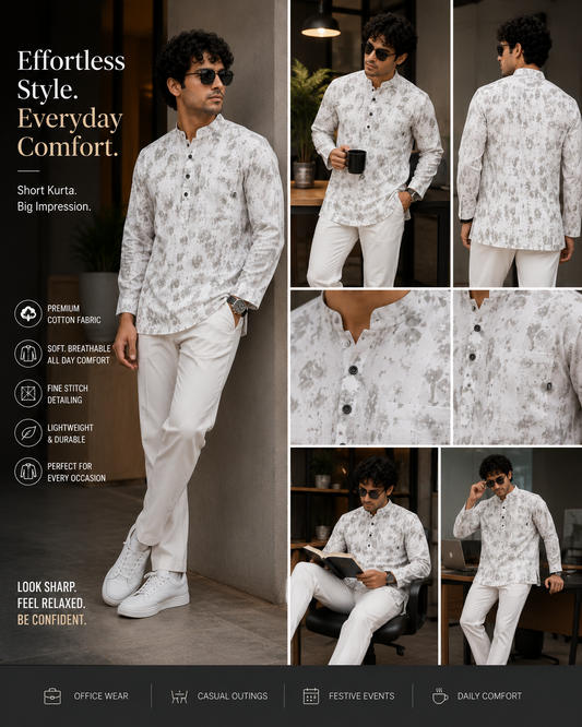 Printed Short Kurta for Men | Mandarin Collar Casual Kurta
