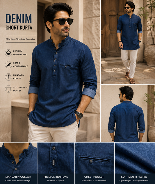 Premium Denim Short Kurta for Men | Mandarin Collar Casual Denim Kurta
