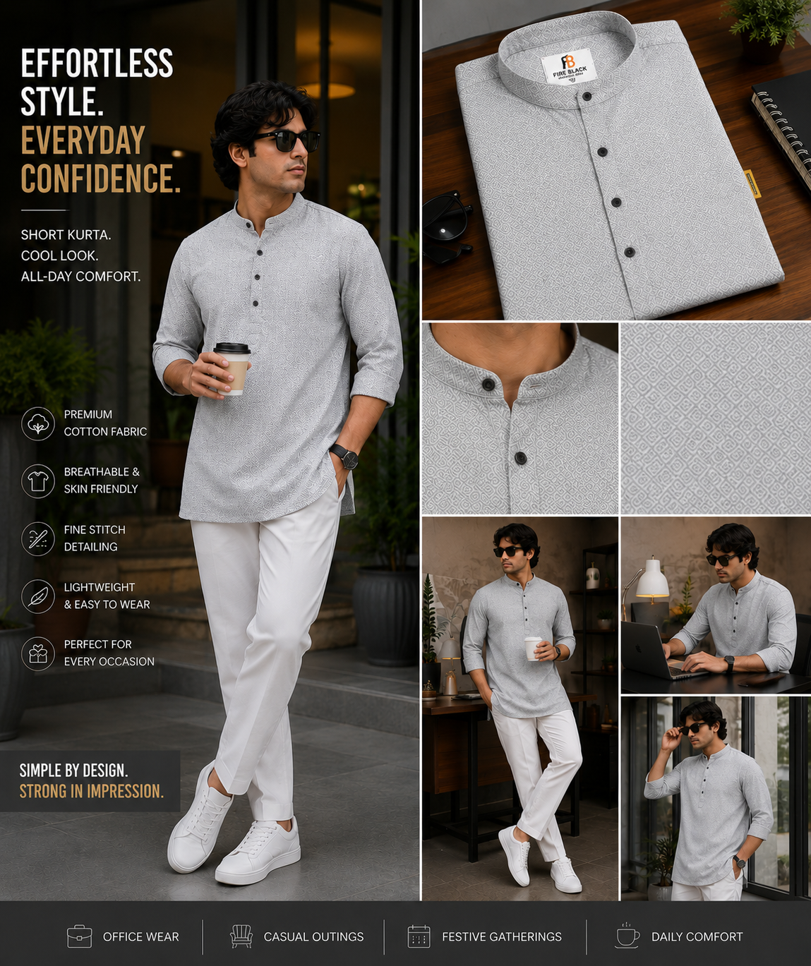 Premium Printed Short Kurta for Men | Mandarin Collar Cotton Kurta