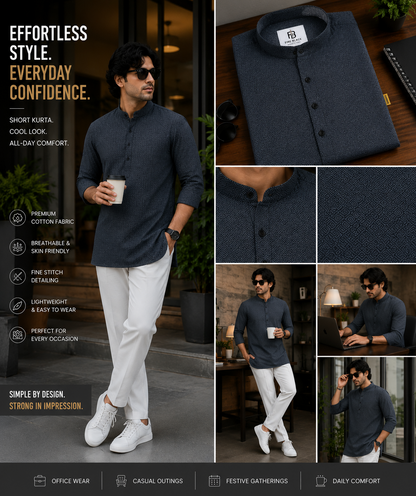 Premium Printed Short Kurta for Men | Mandarin Collar Cotton Kurta