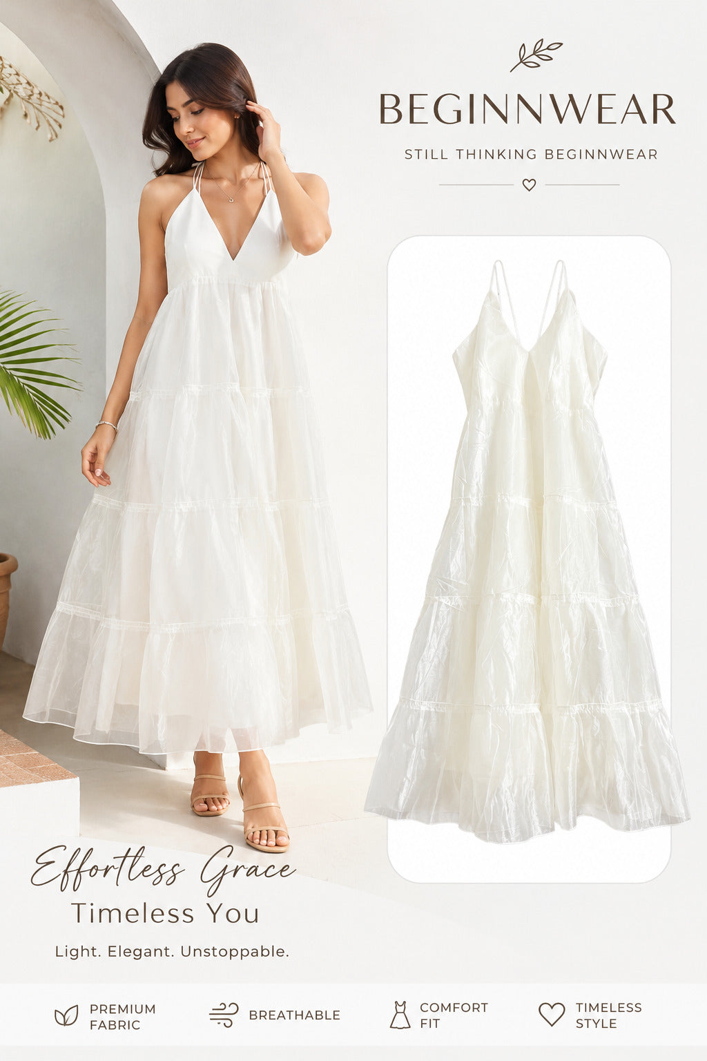Ivory Tiered Organza Maxi Dress