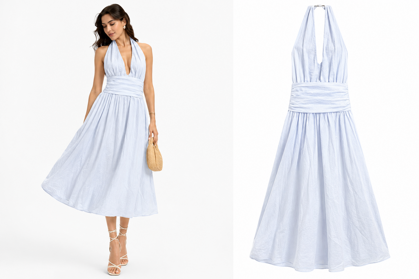 Sky Blue Halter Neck Cinched-Waist Midi Dress