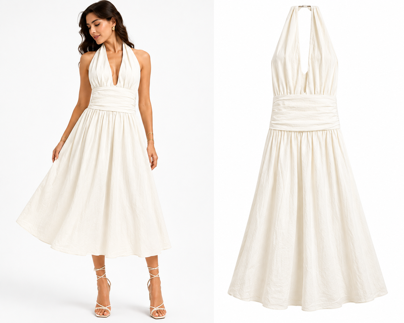 Ivory Halter Neck Cinched-Waist Midi Dress