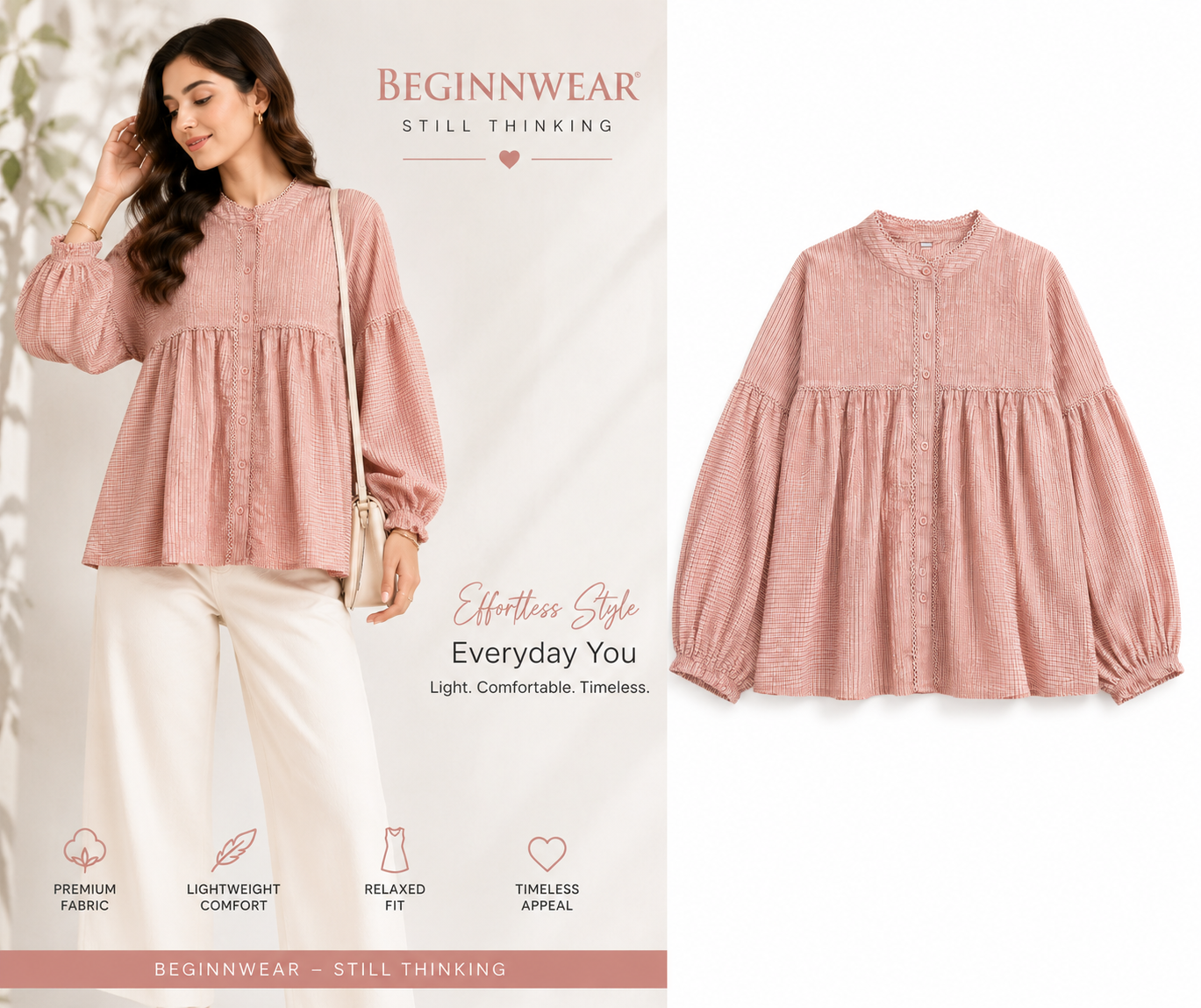 Dusty Pink Lace-Trim Peasant Top
