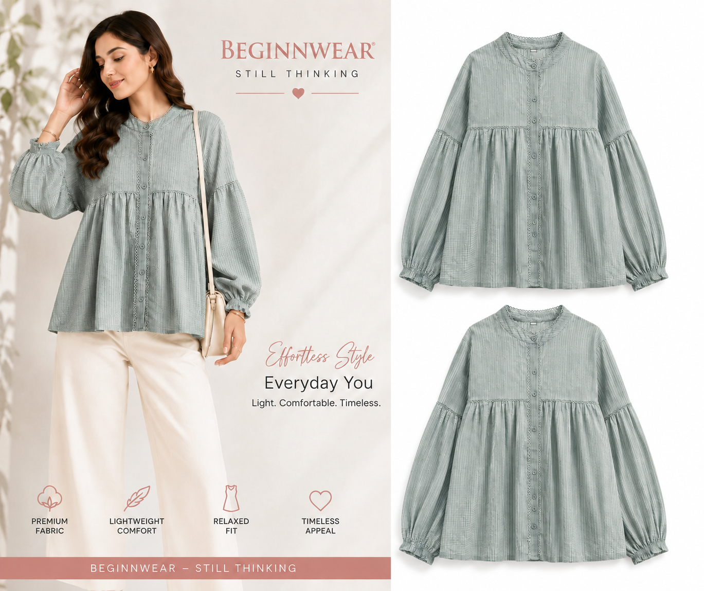 Sage Green Lace-Trim Peasant Top