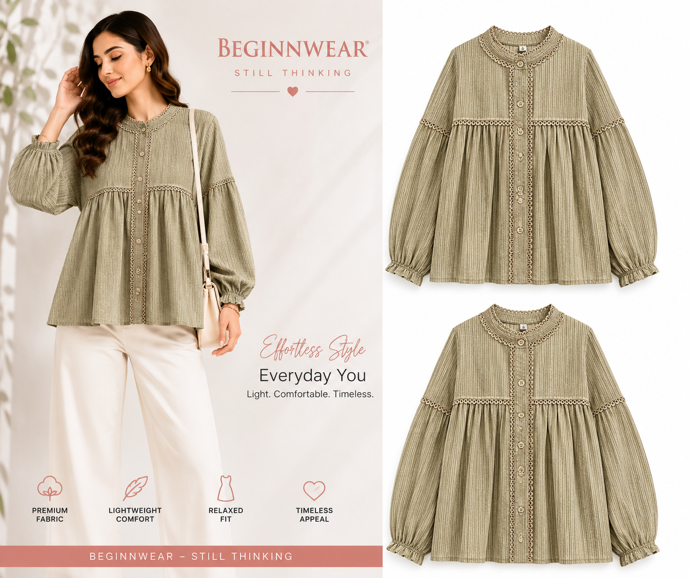 Olive Green Lace-Trim Peasant Top