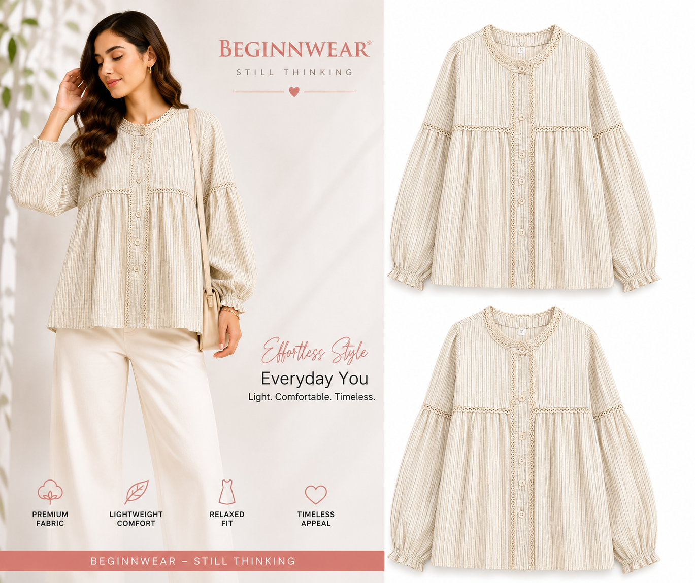 Beige Striped Lace-Trim Peasant Top