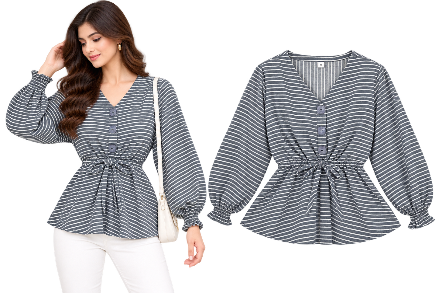 Grey Striped Tie-Waist Top