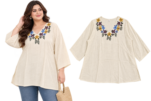 Beige Floral Embroidered Plus Size Top