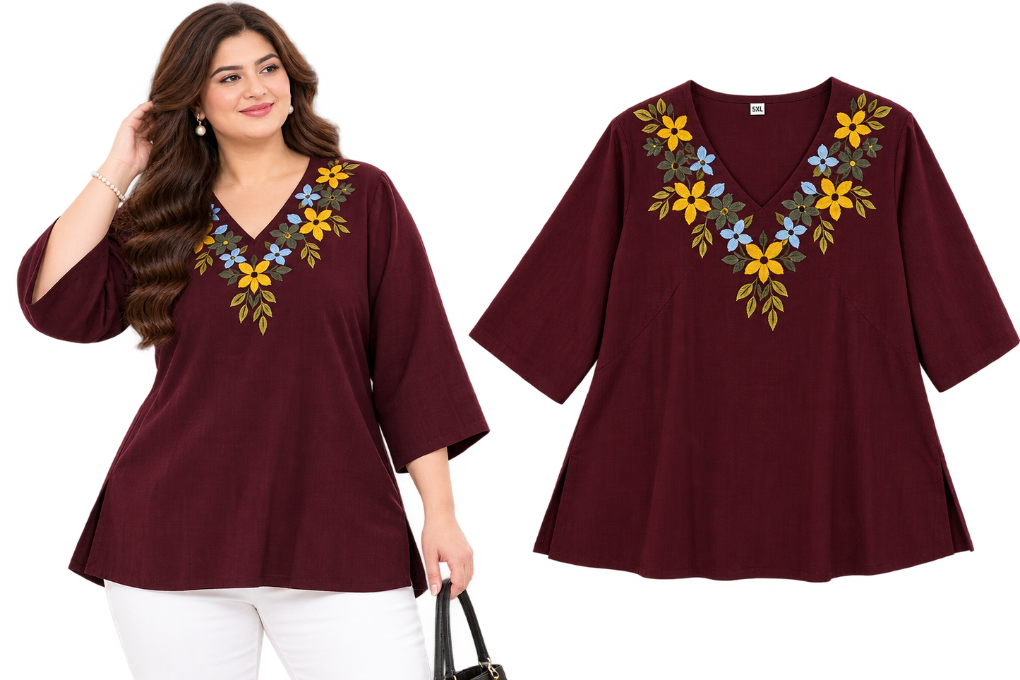 Maroon Floral Embroidered Plus Size Top