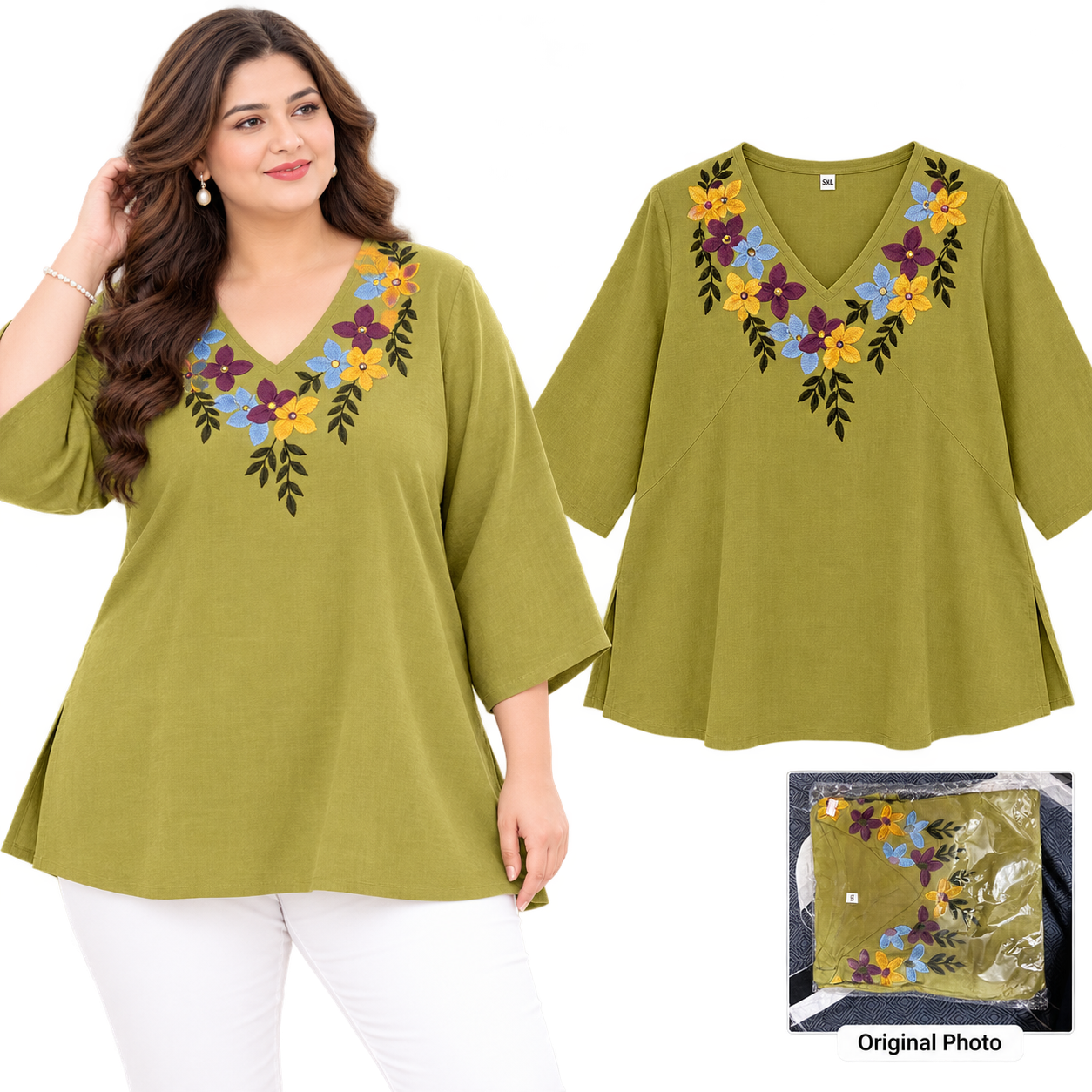 Olive Green Floral Embroidered Plus Size Top