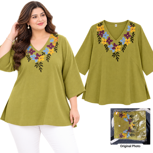 Olive Green Floral Embroidered Plus Size Top