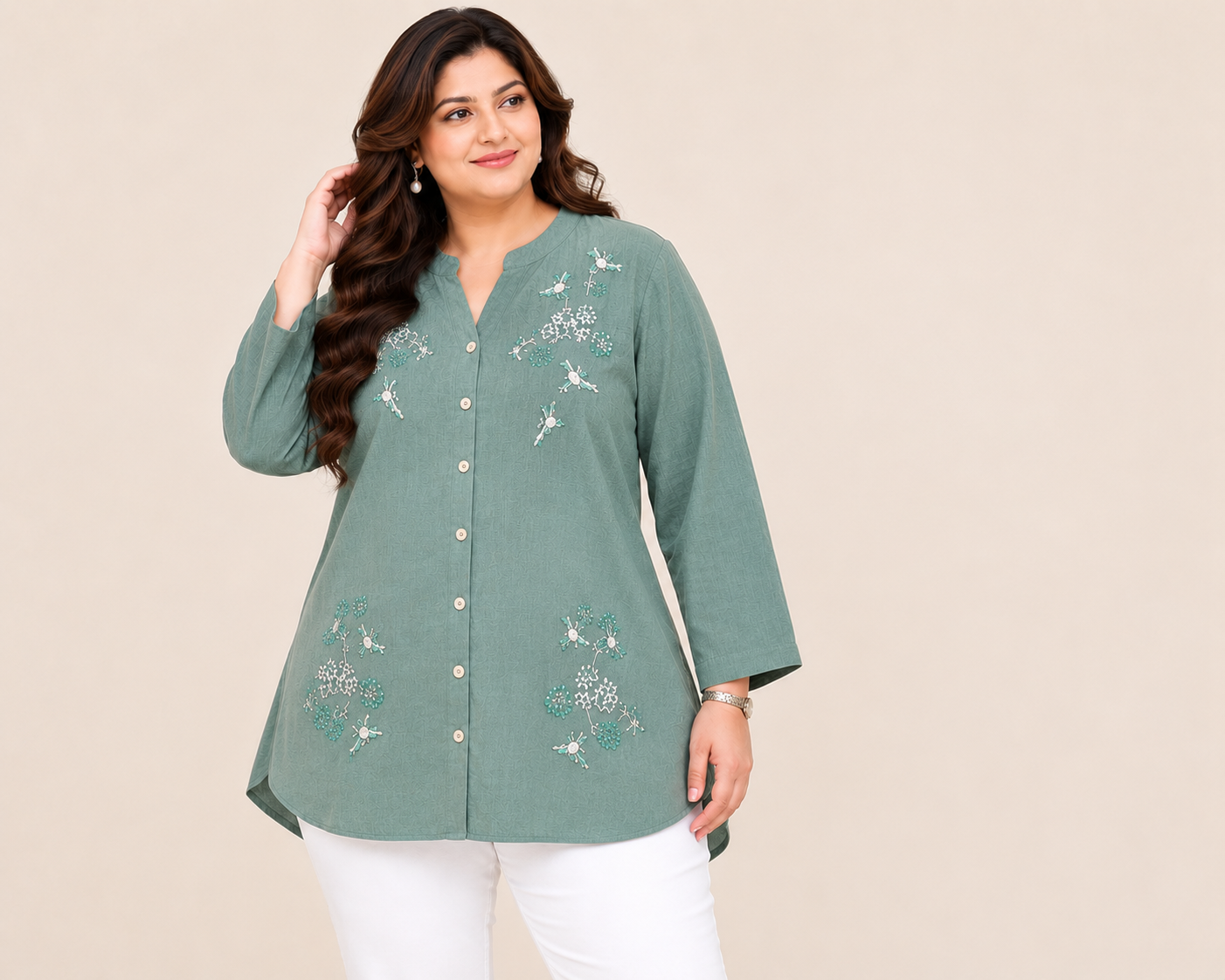Sage Green Floral Embroidered Plus Size Top