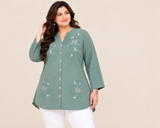 Sage Green Floral Embroidered Plus Size Top