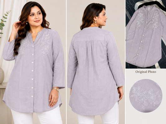 Lavender Grey Rose Embroidered Plus Size Top