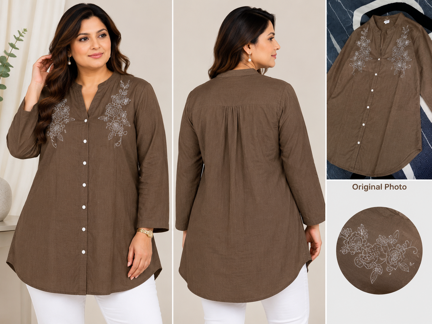 Brown Rose Embroidered Plus Size Top