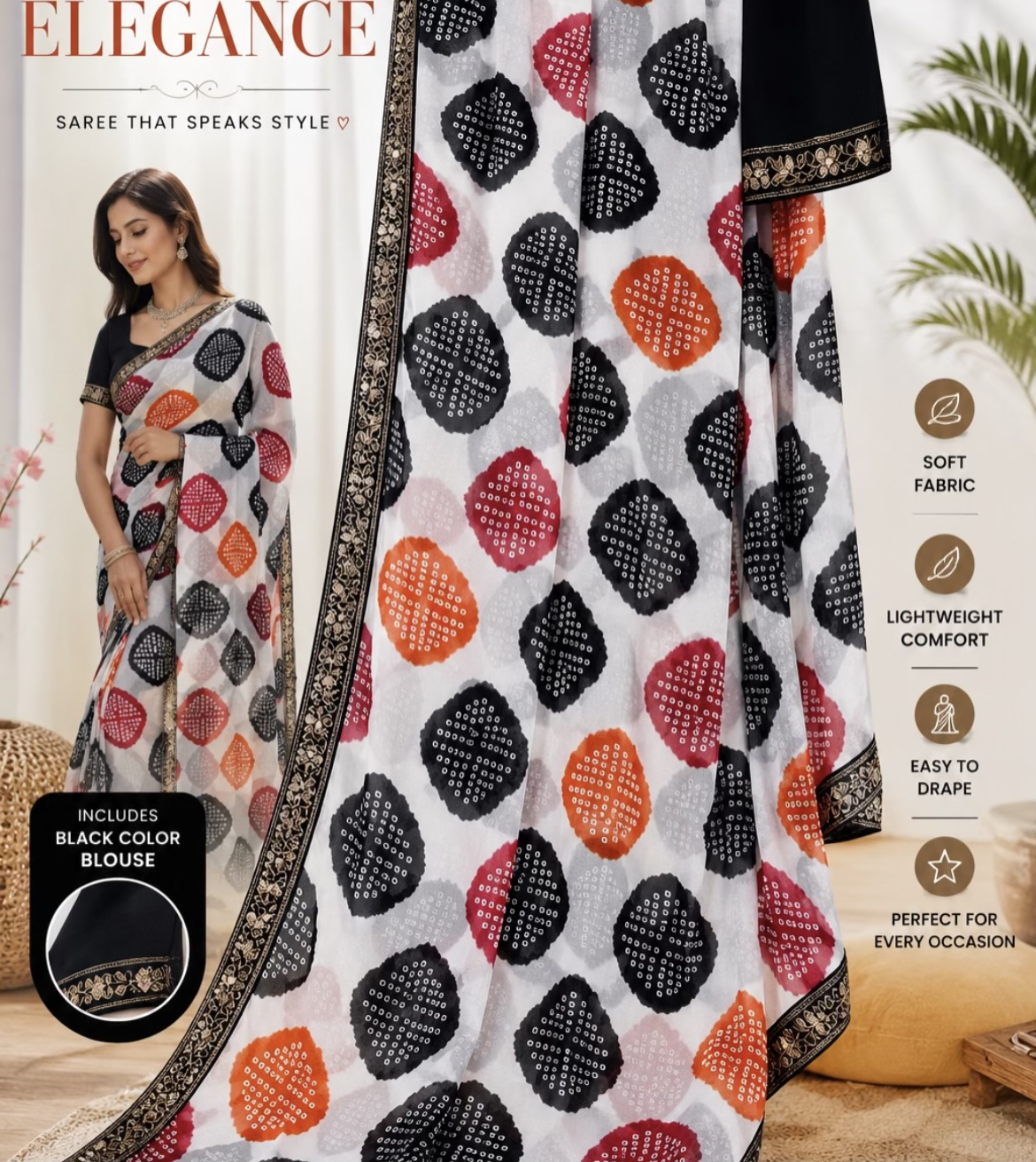 Elegance Bandhej Print Chiffon Saree with Black Embroidered Border (Includes Black Blouse)