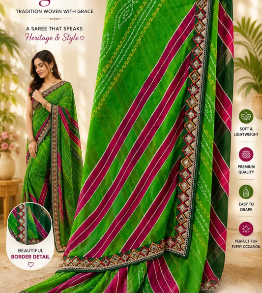 Tradition Woven with Grace Green Leheriya Bandhej Saree with Embellished Border