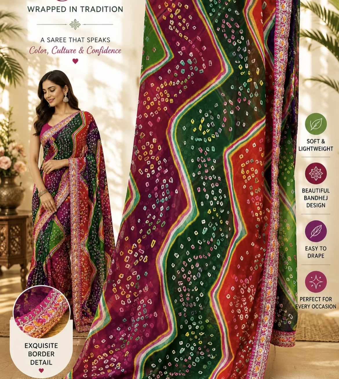 Wrapped in Tradition Multicolor Chevron Bandhej Saree with Exquisite Border