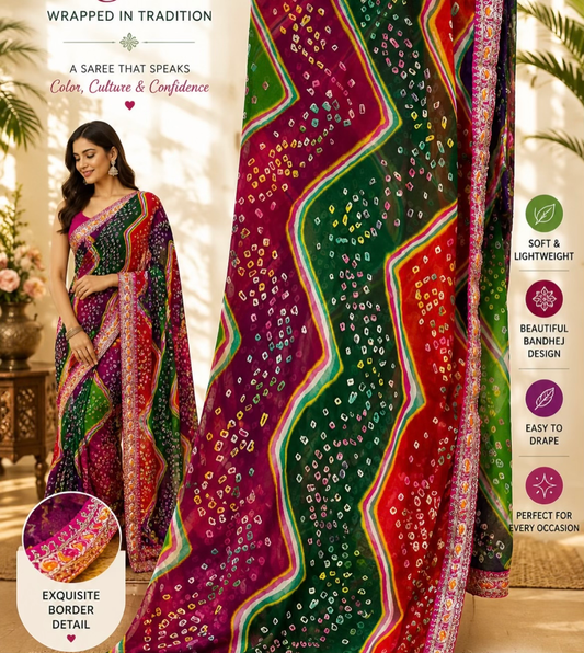 Wrapped in Tradition Multicolor Chevron Bandhej Saree with Exquisite Border