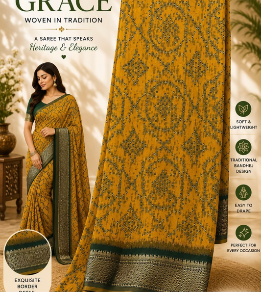 Grace Woven in Tradition Mustard Yellow Bandhej Saree with Green Border