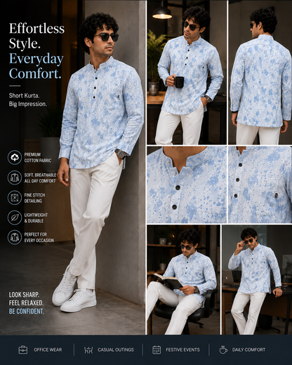 Printed Short Kurta for Men | Mandarin Collar Casual Kurta